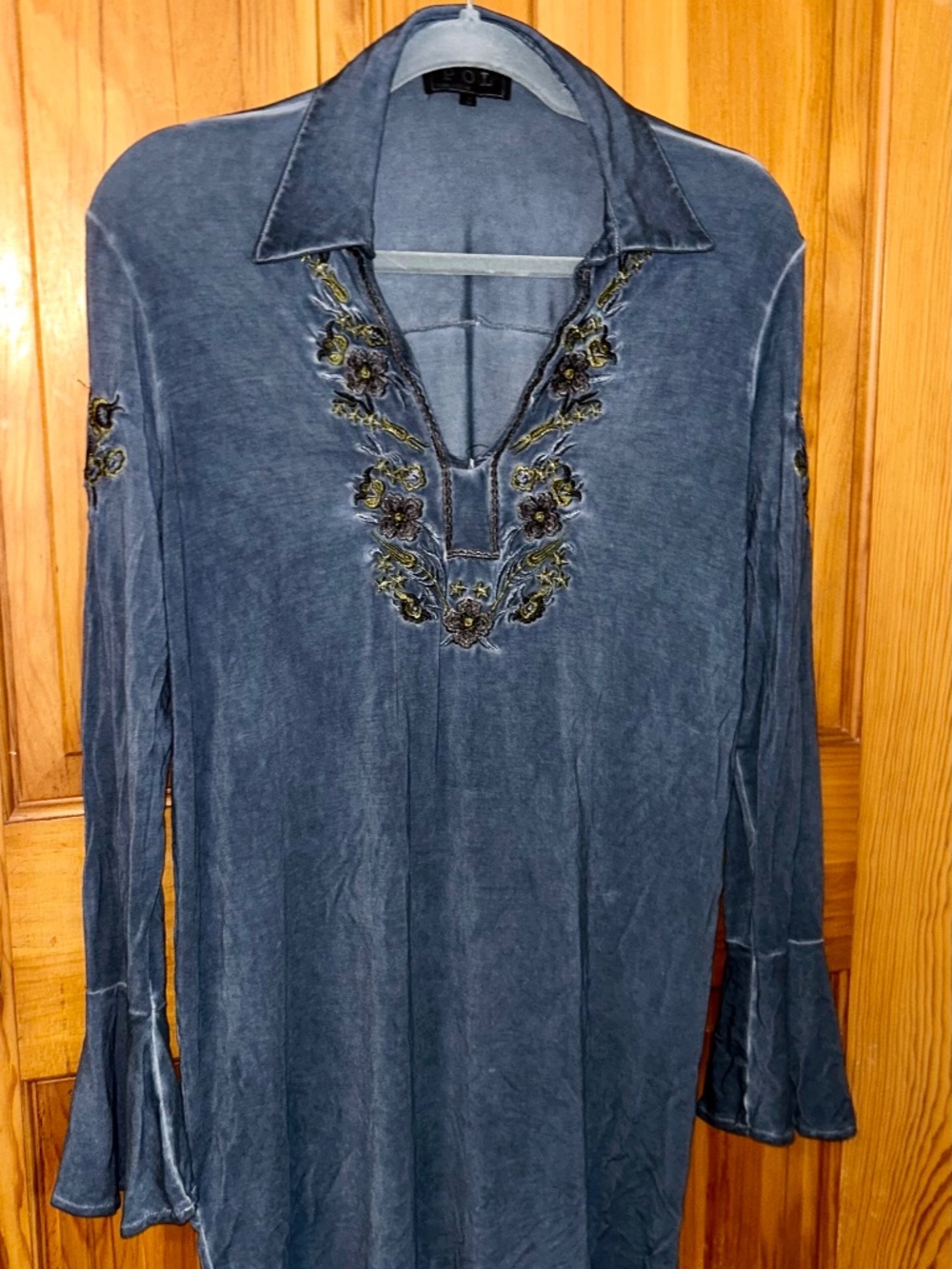 NWOT POL Slate Blue Small Dress Tunic Bell Sleeves Embroidered Neckline